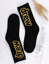 Fashion Black Yellow Large Letters Cotton Socks With Embroidered Wood Ears