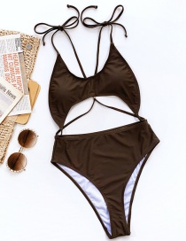 Fashion Brown Solid Color Halterneck Lace One-piece Swimsuit