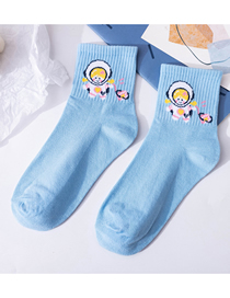 Fashion Blue Cotton Geometric Embroidered Tube Socks