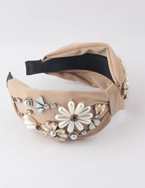 Fashion Khaki Broad-brimmed Headband With Fabric Pearls And Diamonds