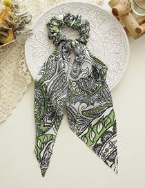 Fashion Green Streamer Fabric Printed Long Tail Streamer Pleated Hair Tie