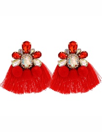 Fashion Red Acrylic Fancy Diamond Hair Ball Tassel Stud Earrings