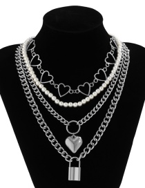 Fashion White K Alloy Hollow Heart Pearl Beaded Gold Lock Multilayer Necklace