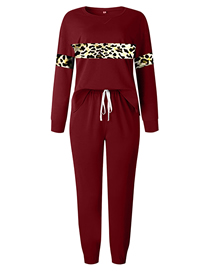 Fashion Leopard Red Round Neck Long-sleeved Top Lace Trousers Suit