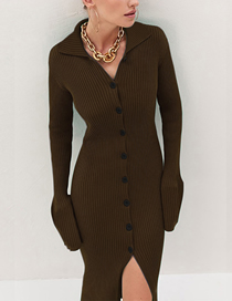 Fashion Brown Lapel Knit Buttoned Dress