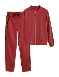 Fashion Red Wine Plaid Stitching Zipper Jacket With Lace Trousers Suit