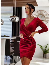 Fashion Red Wine Solid Color V-neck Pleated Dress