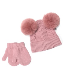 Fashion Pink Knitted Woolen Ball Cap Full Finger Glove Set
