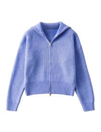 Fashion Blue Knit Lapel Zipper Sweater Coat