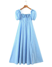 Fashion Blue Printed Square Neck Puff Sleeve Slit Dress