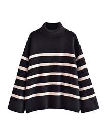 Fashion Black High Neck Striped Pullover Knit Sweater