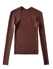 Fashion Coffee Color Bag Shoulder Square Neck Knitted Sweater