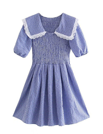 Fashion Blue Plaid Dress With Lace Collar