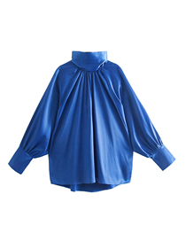 Fashion Blue Satin Long-sleeved Pleated Shirt Top