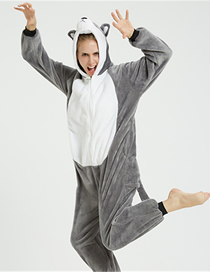 Fashion Grey Husky Flannel Cartoon Print One-piece Hooded Pajamas
