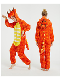 Fashion Orange Triceratops Flannel Cartoon Print One-piece Hooded Pajamas