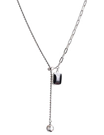 Fashion Silver Color Titanium Steel Square Black Agate Necklace