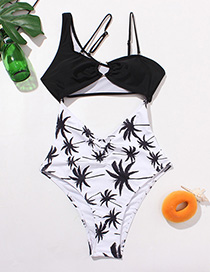Fashion Black And White Asymmetrical Sling Cutout Print Stitching One-piece Swimsuit