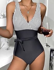Fashion Black And White Striped V-neck Tie One-piece Swimsuit