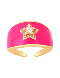Fashion Rose Red Copper Drop Oil Wide Face Geometric Star Zirconium Ring