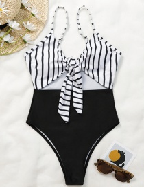 Fashion black Striped Knotted Cutout Swimsuit