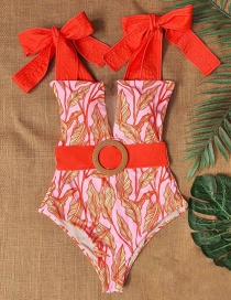 Fashion Foundation Leaves One-piece Swimsuit With Printed Belt And Straps