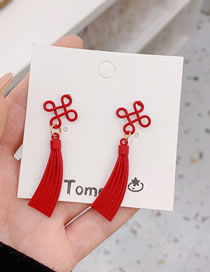 Fashion Red Alloy Geometric Chinese Knot Tassel Earrings