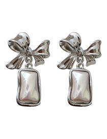 Fashion Silver Alloy Geometric Square Pearl Bow Stud Earrings