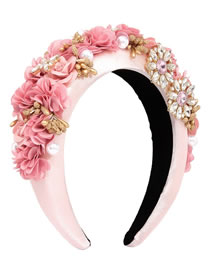 Fashion Pink Fabric Wide-brimmed Headband With Diamonds And Silk Flowers