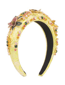 Fashion Yellow Fabric Embroidered Wide-brimmed Headband With Diamonds