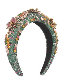 Fashion Green Fabric Embroidered Wide-brimmed Headband With Diamonds
