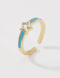 Fashion Blue Copper Inlaid Zirconium Geometric Drop Oil Five-pointed Star Open Ring