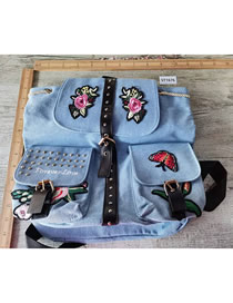 Fashion Blue Denim Embroidered Large Capacity Backpack