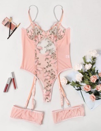 Fashion Pink Embroidered Flower Mesh Lace-up Bodysuit