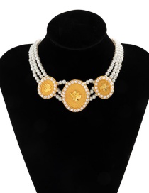 Fashion Gold Metal Embossed Tag Pearl Necklace