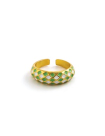 Fashion Gold+green And White Alloy Drip Oil Checkerboard Ring