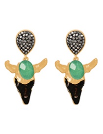 Fashion Green Titanium Steel Diamond Resin Bull Head Stud Earrings