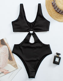 Fashion Black Polyester Pit Strip V-neck One-piece Swimsuit