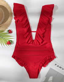 Fashion Red Polyester V-neck Flying Sleeve One-piece Swimsuit