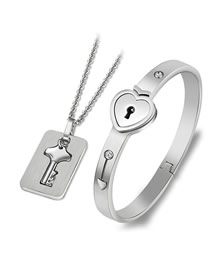 Fashion Square Silver Color Titanium Steel Love Lock Bracelet Key Set Necklace Set