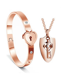 Fashion Shield Rose Gold Color Titanium Steel Love Lock Bracelet Key Set Necklace Set