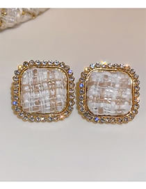 Fashion White Alloy Diamond Check Square Earrings