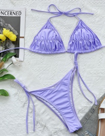 Fashion Purple Solid Color Pleated Halterneck Lace Split Swimsuit