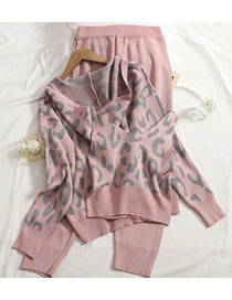 Fashion Pink Leopard Print Vest Hooded Top Knitted Trousers Set