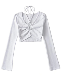 Fashion White Cotton Halter Tie Gathered Long Sleeve Top