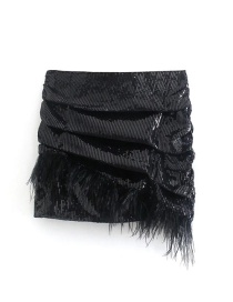 Fashion Black Sequined Feather Pleated Skirt