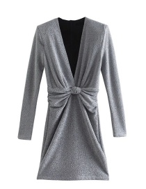 Fashion Silver Color Metallic Thread Knotted V-neck Dress