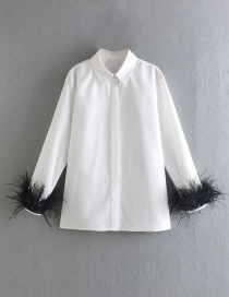 Fashion White Button-down Shirt With Feather Cuffs