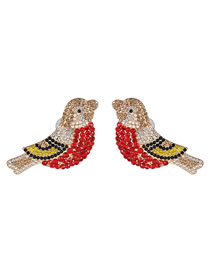 Fashion Red Alloy Diamond Bird Stud Earrings