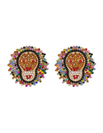 Fashion Color Alloy Diamond Lion Head Stud Earrings